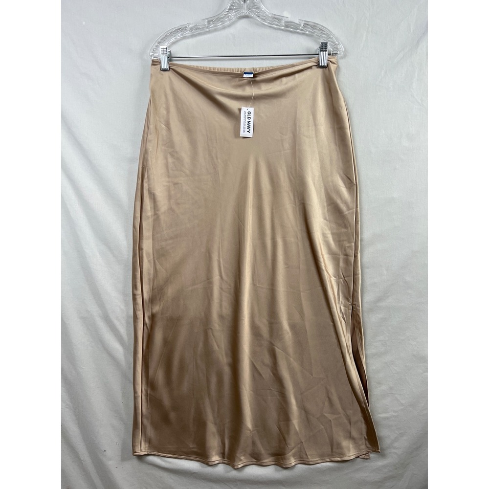 Old Navy Slip Skirt Women L Beige Satin Elastic Waist Midi Side Slit Champagne